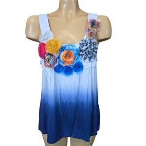 FERATELLI Ombre Floral Applique Bow Tank Top Women Size Large Art to wear